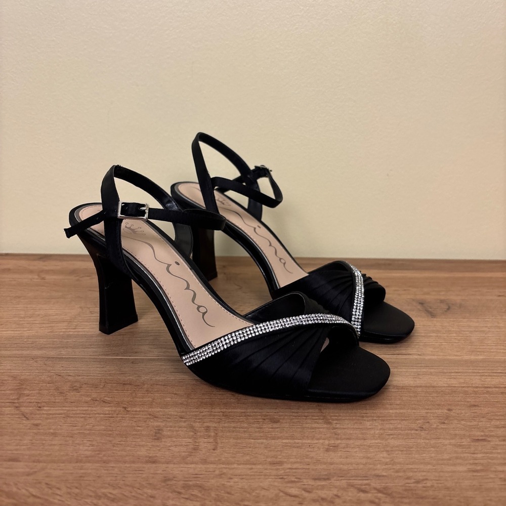 NINA Agnes Satin Heel Sandals Black Women Size 7.5 Formal Party‎ Sparkly Classy